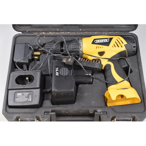 672 - A Draper 14.4v Cordless Hammer Drill, With Battery, Battery Charger, And Drill Bits. Charger Powers ... 