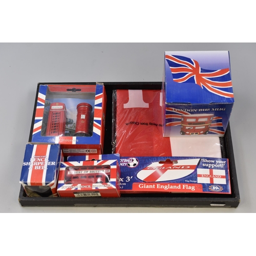 201 - England Items to Include Giant England Flag, London Bus Mug, London Bus Sharpener, Policeman Hat Bel... 