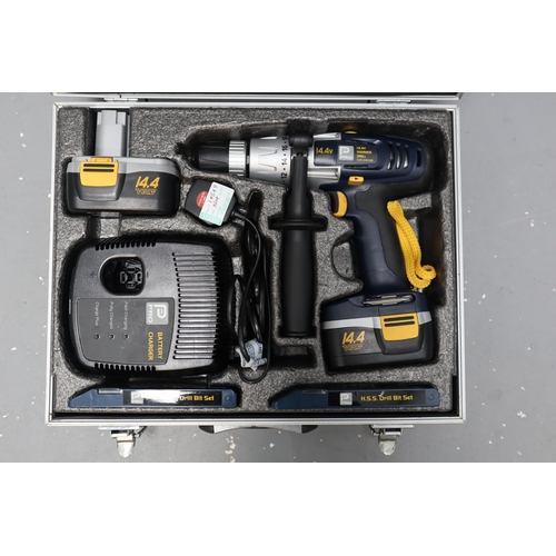 675 - A Cased Performance Power Pro 14.4v Hammer Drill (CLM 44VCHD), With Two Batteries, Battery Charger, ... 