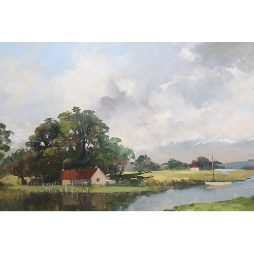 621 - A Framed John Ambrose Oil on Canvas Titled 'Cottage on The Canal', Approx 22