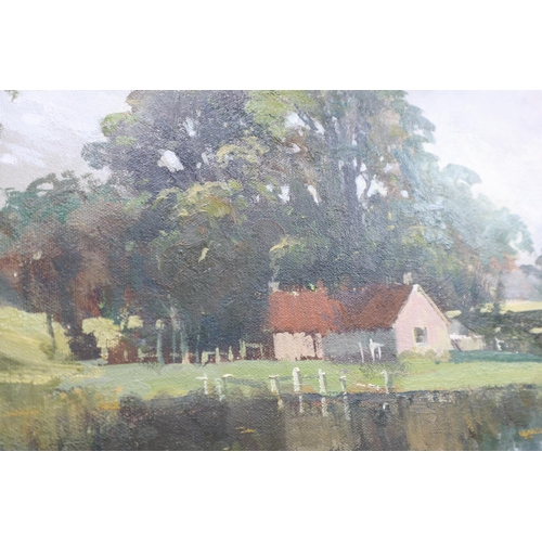 621 - A Framed John Ambrose Oil on Canvas Titled 'Cottage on The Canal', Approx 22