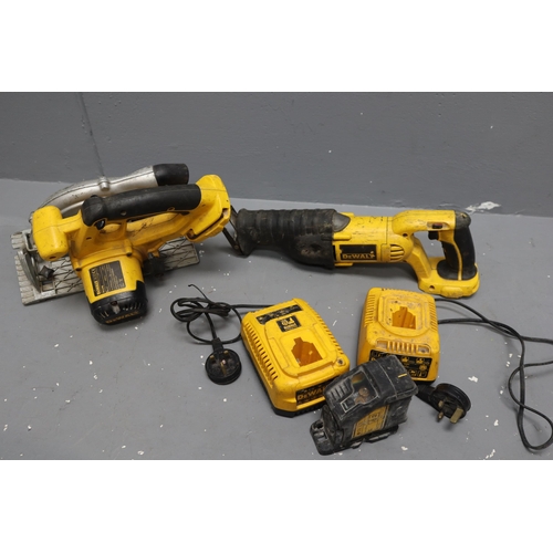 685 - Three Untested DeWalt Tools With Two Battery Chargers To Include DC385 Reciprocating Saw, DC390 Circ... 