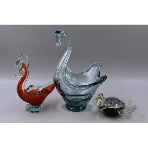 215 - Three Glass Decorative Items to Include Turtle Paperweight and Two Swan Trinket Dishes (Tallest 12