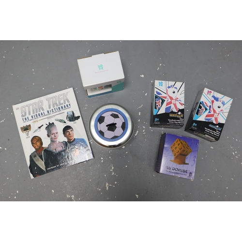 921 - Small Mixed Lot to Include Star Trek The Visual Dictionary, Football Money Tin, Sudokube, Two New Ha... 