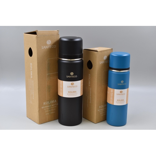 923 - Two New Santeco Insulated Flasks In Blue and Black (1 Litre, and 500ml)