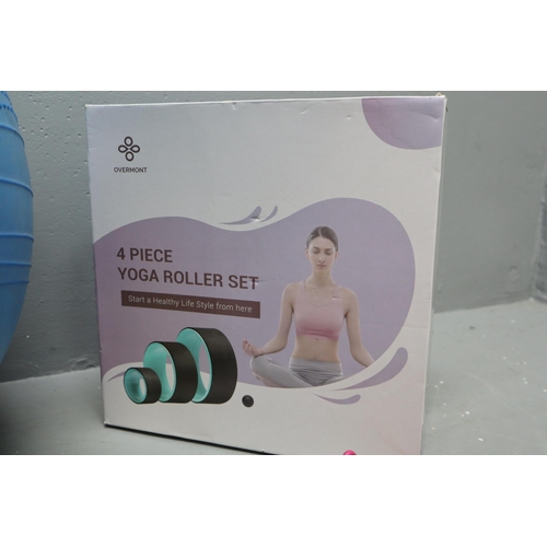 949 - Fitness Lot To Include Four Piece Yoga Roller Set ( As New ) Yoga Ball, Pair of Fitness Dumb-bells (... 