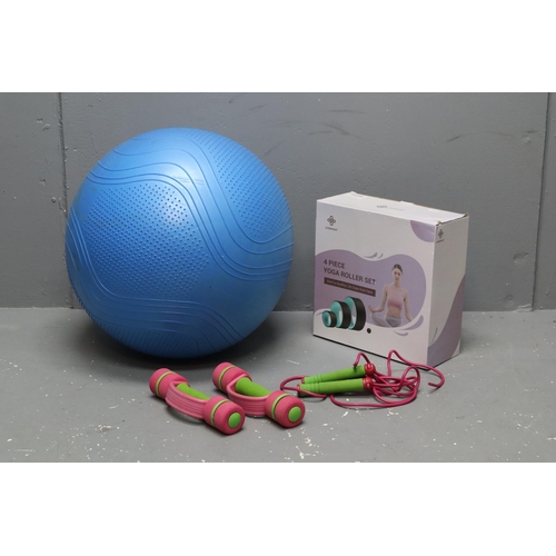 949 - Fitness Lot To Include Four Piece Yoga Roller Set ( As New ) Yoga Ball, Pair of Fitness Dumb-bells (... 