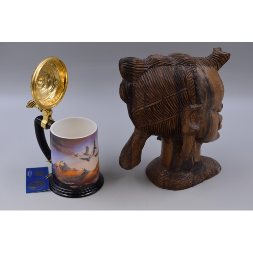 383 - Decorative Wooden Female Head and Mistress of the Skies Collector Tankard by Boris (Tallest 10