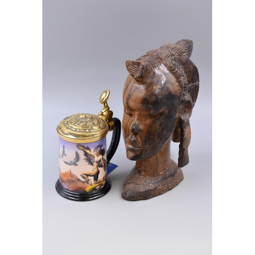 383 - Decorative Wooden Female Head and Mistress of the Skies Collector Tankard by Boris (Tallest 10