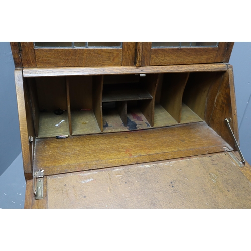 573 - Edwardian Oak Bureau Bookcase with Leaded Stained Glass doors(a/f) to upper section, above a fall Fl... 