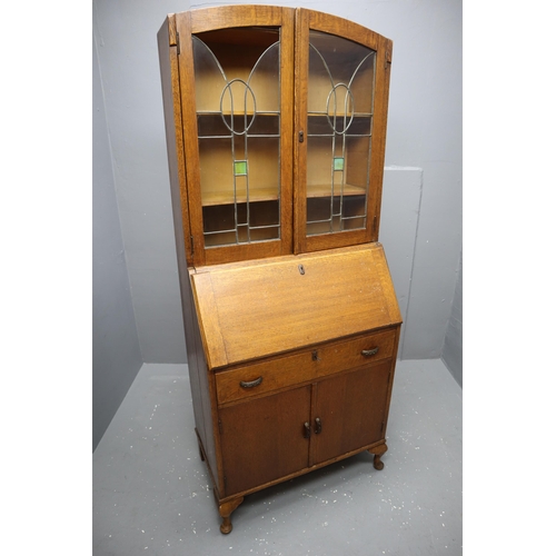 573 - Edwardian Oak Bureau Bookcase with Leaded Stained Glass doors(a/f) to upper section, above a fall Fl... 