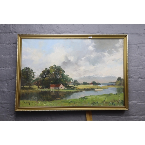 621 - A Framed John Ambrose Oil on Canvas Titled 'Cottage on The Canal', Approx 22