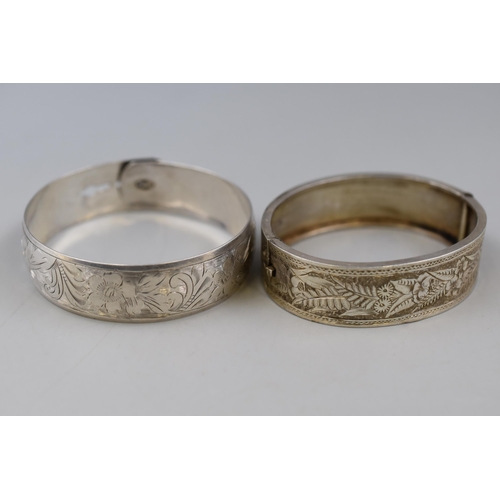 11 - Two Bangles To Include Sterling Silver Adjustable Bangle, And Unmarked Etched Bangle (Possibly Silve... 