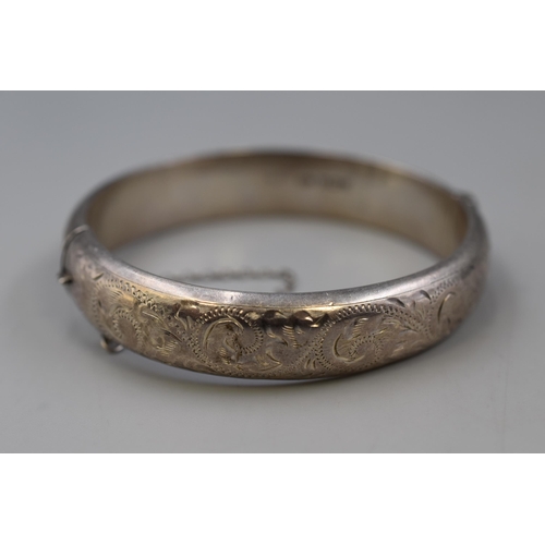 14 - Hallmarked Silver Etched Bangle with Safety Chain