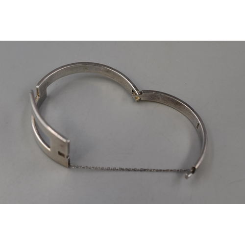 17 - Silver 925 Geometrical Chunky Bangle with Safety Chain