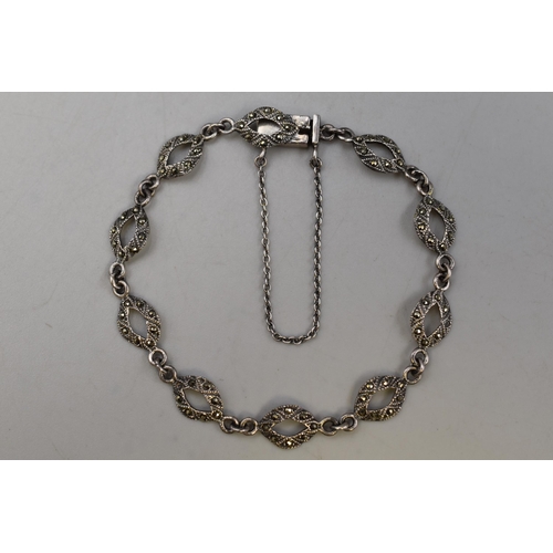 33 - A 925. Silver Marcasite Stoned Bracelet, With Safety Chain