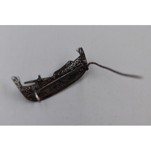 43 - Sterling Silver Filigree Boat Design Brooch