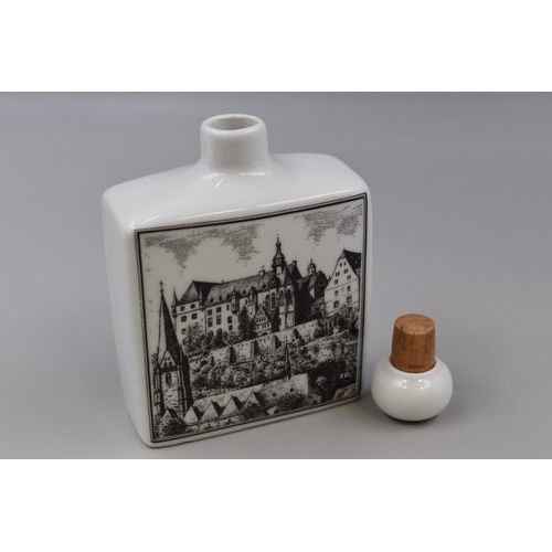 248 - A German Carafe set with 4 cups in wooden frame depicting Marburg castle, flask measures6