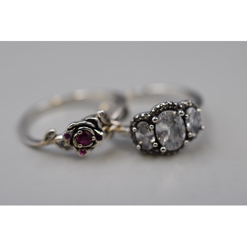 53 - Pandora Three Stone Ring (Size 54) and Pandora Disney Beauty and The Beast Rose Ring (Size O 1/2) Bo... 