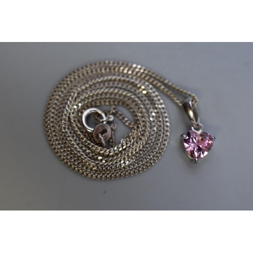 55 - Silver 925, Heart Pink Stoned Pendant Necklace