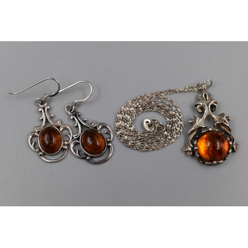 70 - Silver 925 Amber Pendant Necklace & Pair of Earrings