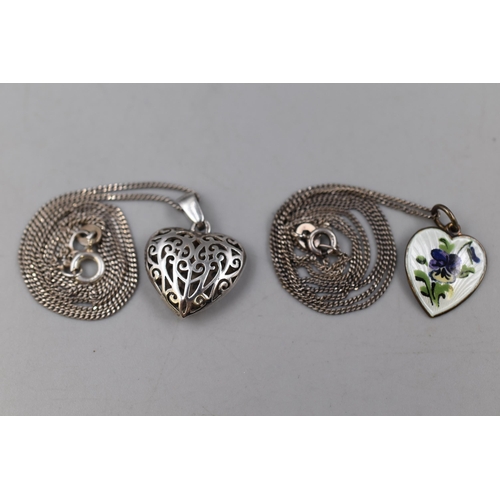 77 - Two Silver Love heart Pendant Necklaces To Include Enamelled Orchid, And Other. In Presentation Box