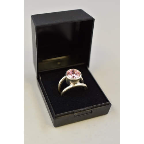 106 - Silver 925 Pink Stone Ring Size O Complete with Presentation