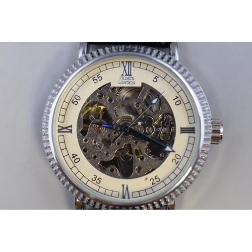 115 - A Prince London Automatic Gents Skeleton Watch With Leather Strap, Working