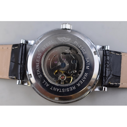 115 - A Prince London Automatic Gents Skeleton Watch With Leather Strap, Working