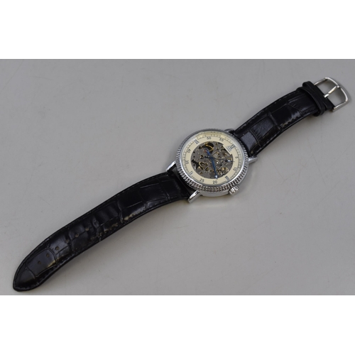 115 - A Prince London Automatic Gents Skeleton Watch With Leather Strap, Working