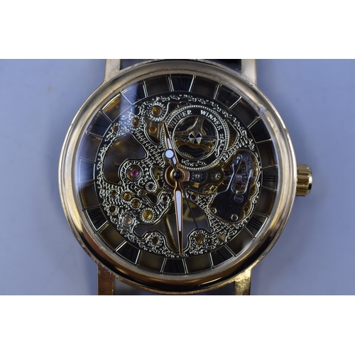 120 - A Gold Tone Mechanical Gents Skeleton Watch, Working