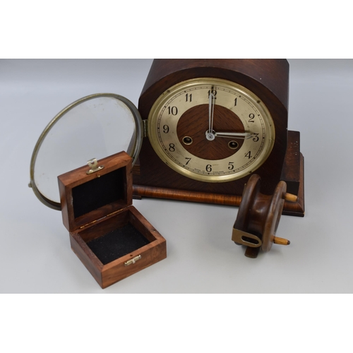 410 - A Wood Cased Art Deco Style Mantle Clock (AF), With Vintage Wooden Fishing Reel, And Nautical Trinke... 