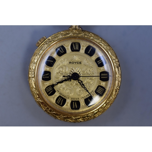 146 - A Royce Gold Plated 17 Jewels Alarm Pocket Watch With Chain, Working