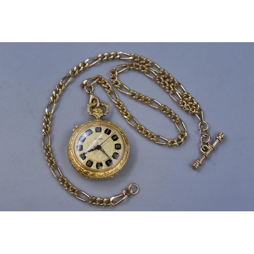 146 - A Royce Gold Plated 17 Jewels Alarm Pocket Watch With Chain, Working