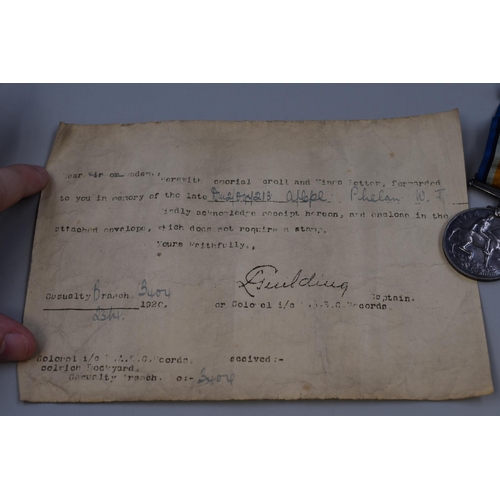 335 - A 1914-1918 War Medal With Ribbon and Paperwork Relating To Recipient (Acting Corporal W T Phelan)