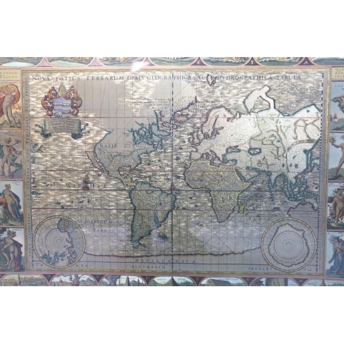 541 - A Pair of Framed and Glazed Bleau Gilt World Maps, Approx 22