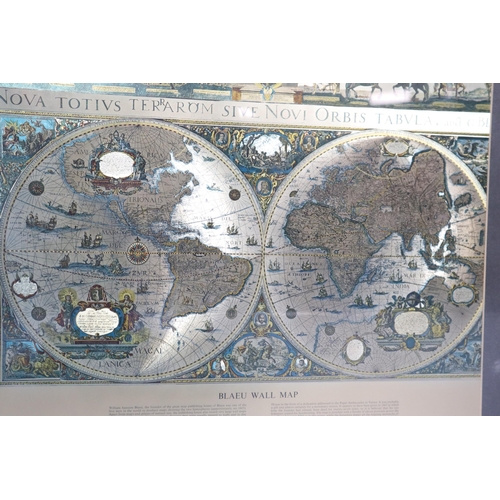 541 - A Pair of Framed and Glazed Bleau Gilt World Maps, Approx 22