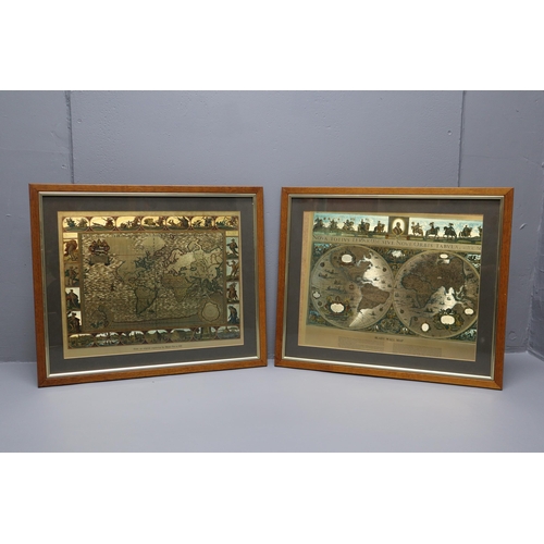 541 - A Pair of Framed and Glazed Bleau Gilt World Maps, Approx 22