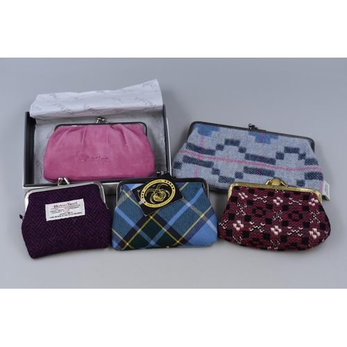 564 - A Selection of Five Purses To Inlcude Four Scottish/Welsh Tweed (Harris, Melin Tregwynt, And More), ... 