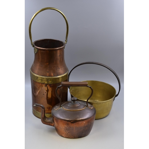 572 - A Selection of Brass and Copper Ware To Include Brass Jam Pan, Copper Kettle, And Milk Churn (No Lid... 