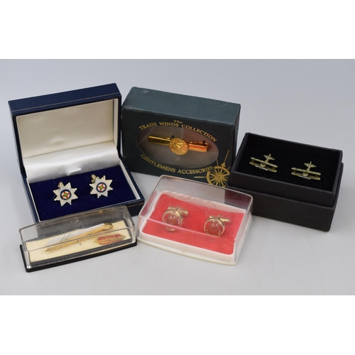 477 - Three Cufflinks and Two Tie Clips to Include RAF Military Plane Cufflinks, Red Stoned Cufflinks and ... 