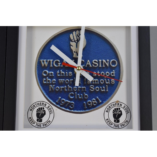 593 - Two Framed Northern Soul Wall Clocks, Includes CD and Wigan Casino. Working, Approx 20cmx20cm