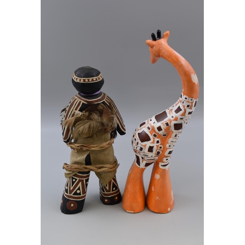 375 - Two Pieces of Tribal Art To Include Hand Carved Wooden Doll, and Handpainted Ceramic Giraffe (Marked... 