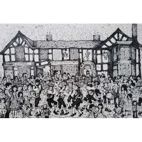 490 - A Signed Pat Cooke (1935-2000) Print of Original Pen and Ink Depicting Morris Dancers Outside 'Ye Ol... 