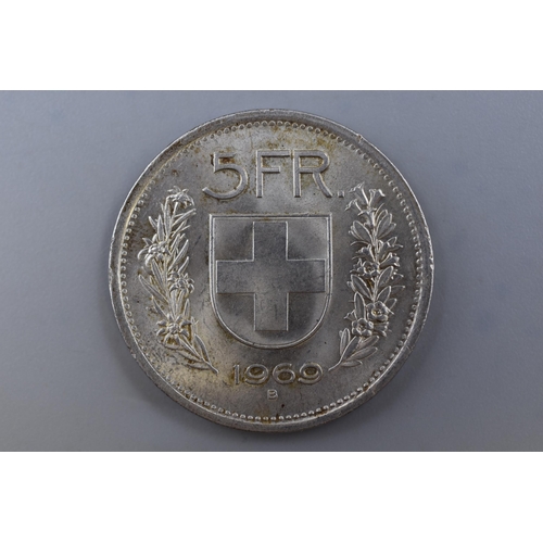 182 - A 1969 Swiss Silver 5 Franc Coin