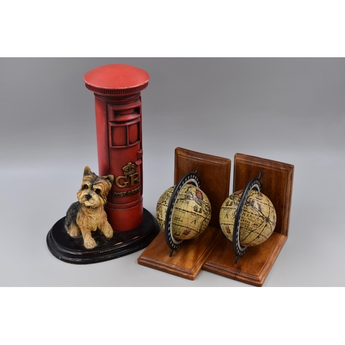 501 - Mixed Lot to include a Set of World Globe Bookends and a Large Post Office postbox and Dog Statue 11... 