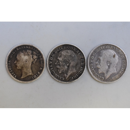 192 - Three Silver Victoria Three Penny Pieces Dated 1886/1917/1919