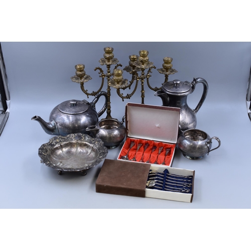 702 - A Four Piece Vintage Silver Plated Tea Service, With Two Cased Teaspoon Sets, And Pair of Brass Cand... 