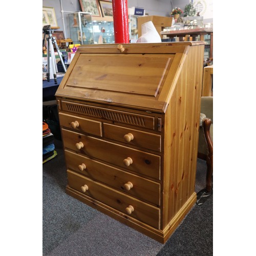 724 - Mid century Solid Pine Writing Bureau with Five Drawer Storage , Green leather Inlayed Writing Desk ... 