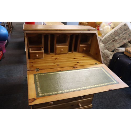 724 - Mid century Solid Pine Writing Bureau with Five Drawer Storage , Green leather Inlayed Writing Desk ... 